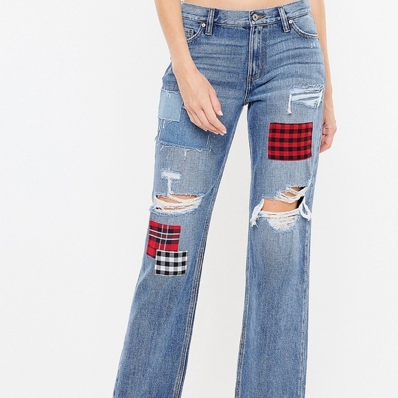 Kancan Women’s NWT No Stretch Plaid Patch Ripped Boyfriend Jeans 32x28 - Picture 1 of 12